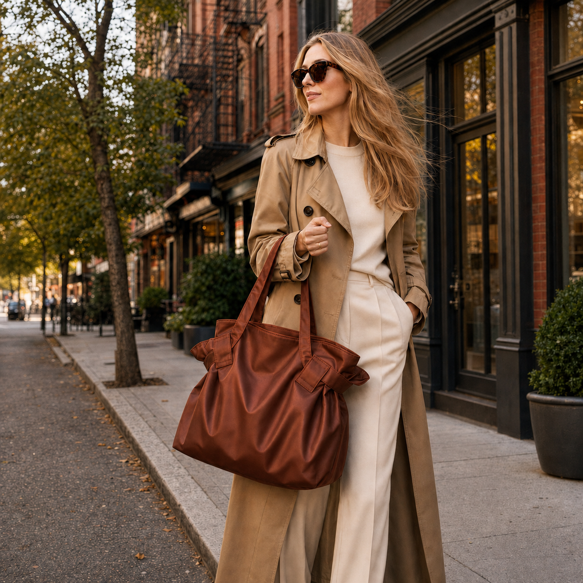 Bodega Bag in Espresso Brown as a tote on a city sidewalk