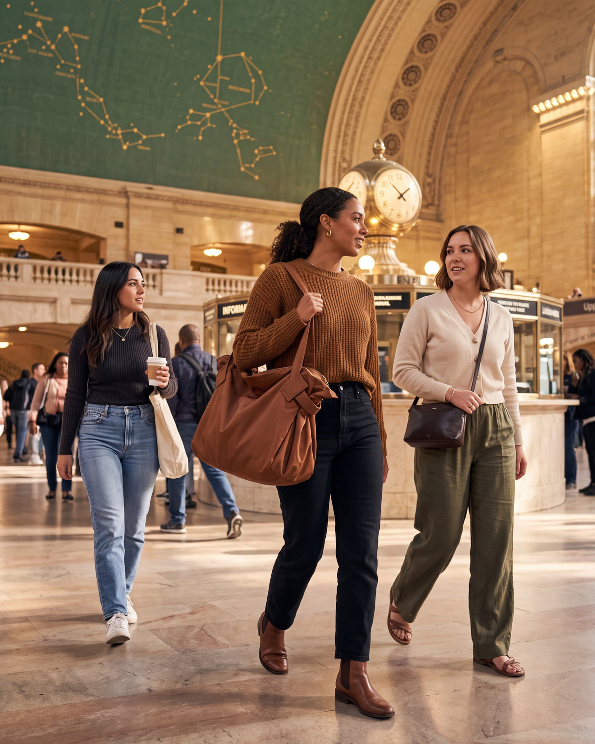 Friends walking through Grand Central with the espresso Bodega Bag