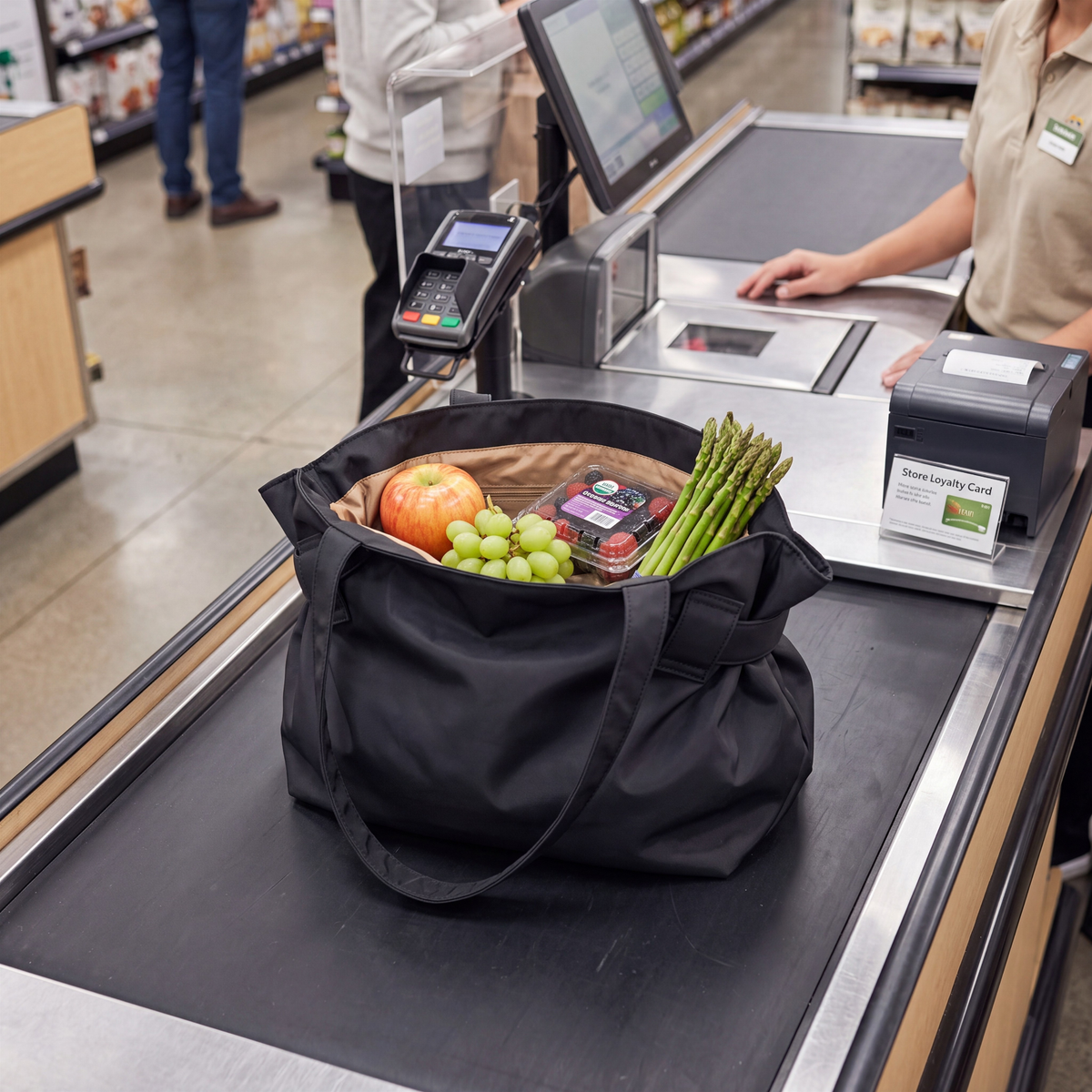 Bodega Bag in Bodega Black as a tote filled with groceries at checkout
