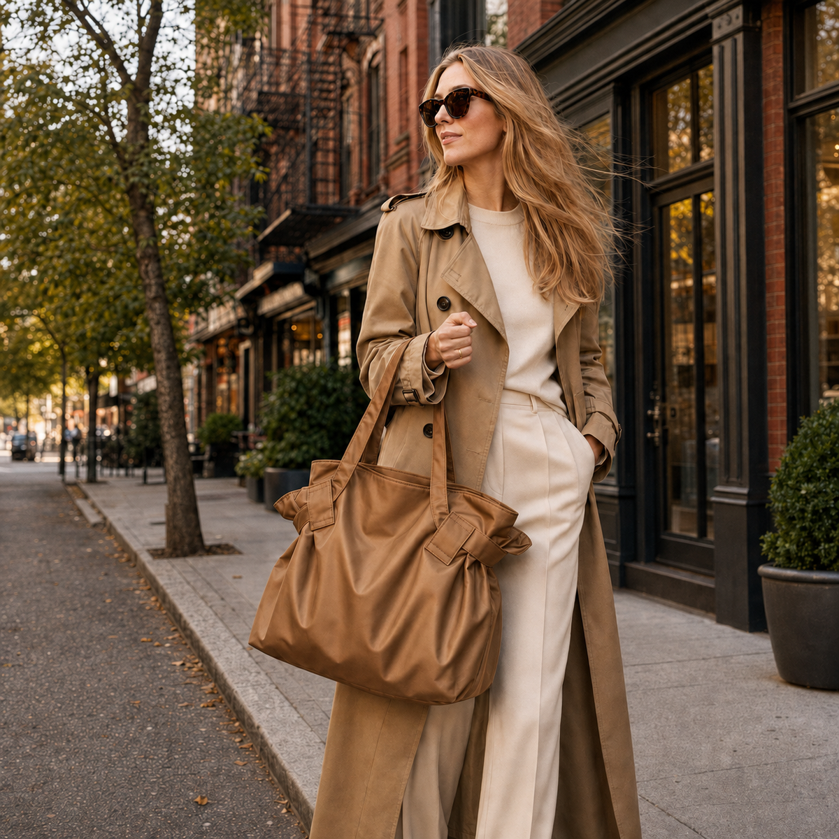 Bodega Bag in Dune Tan as a tote on a city sidewalk