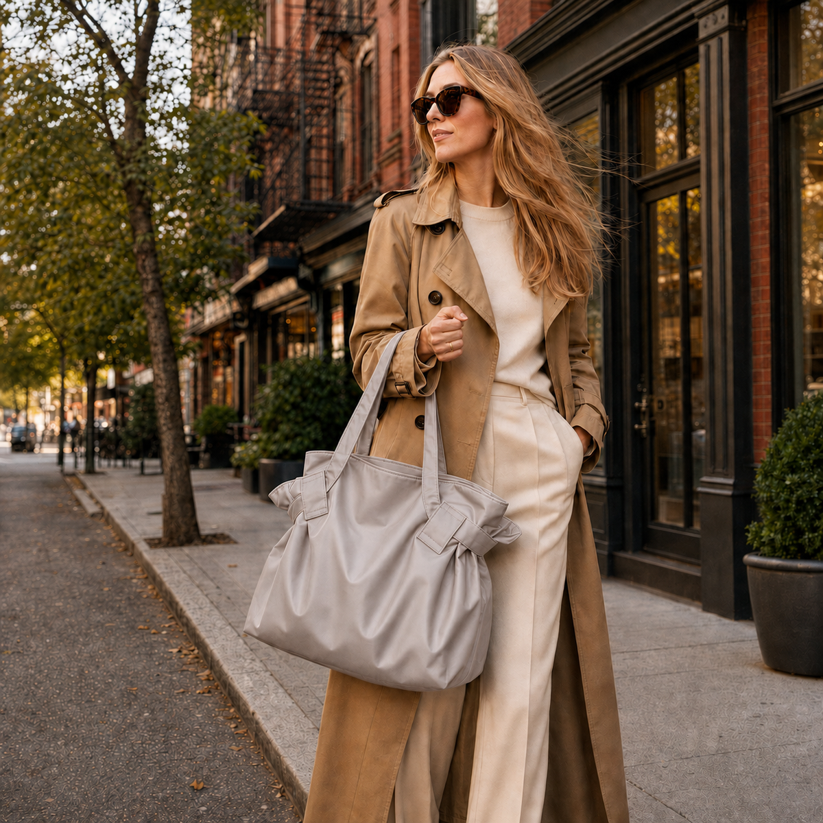 Bodega Bag in Pearl Gray as a tote on a city sidewalk